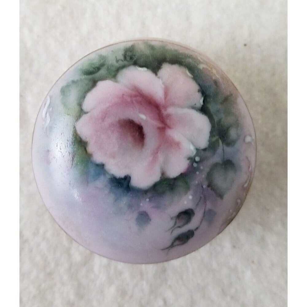 Trinket Box Vintage Round lavender porcelain w Lid painted Flowers gold trim 2pc